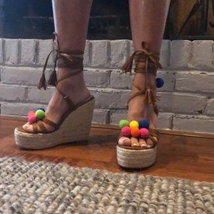 Pompom Ball Wedge Platform Sandal Lace Up Strap